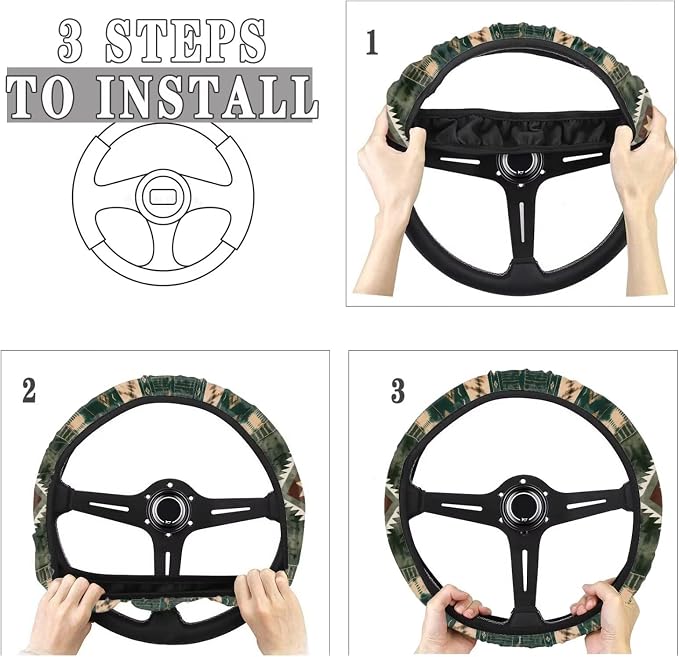 Car Steering Wheel Cover Universal 15 Inch Steering Wheel Protector Auto Accessories Decor Anti-Slip Washable Universal Fit Most Vehicles, Southwest Aztec Dark Green