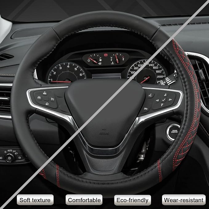 Customized Auto Car Steering Wheel Cover for Chevy Silverado,Tahoe,Equinox,Traverse,Trailblazer,Colorado (Diamond Quilted-Black+Red-Standard Size)