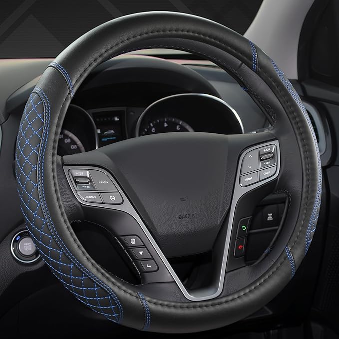 Customized Auto Car Steering Wheel Cover for Hyundai,Tucson,Sonata,Elantra,Santa Fe,Genesis,Sonata Hybrid,Azera,Venue,Kona, 14.5-15 inches(Diamond Quilted-Black+Blue-Standard Size)