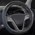 Customized Auto Car Steering Wheel Cover for Hyundai,Tucson,Sonata,Elantra,Santa Fe,Genesis,Sonata Hybrid,Azera,Venue,Kona, 14.5-15 inches(Diamond Quilted-Black+Blue-Standard Size)
