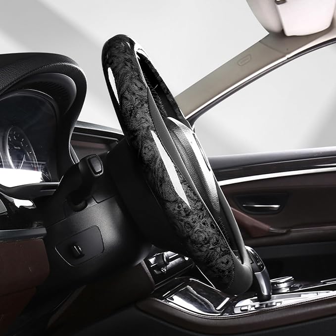 Wood Grain Steering Wheel Cover Microfiber Leather Universal 14 1/2-15 inch, Car Steering Wheel Cover Men Women, Comfortable, Anti-Slip, Odorless, Black