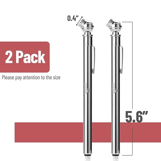 Pencil Tire Pressure Gauge, 2 Pack, 10-75 PSI, Stainless Steel Body | Metal Made Nozzle, Rust and Corrosion Resistant, Pencil Air Pressure Gauge for Tires, 3 Measurements for Cars, Bikes