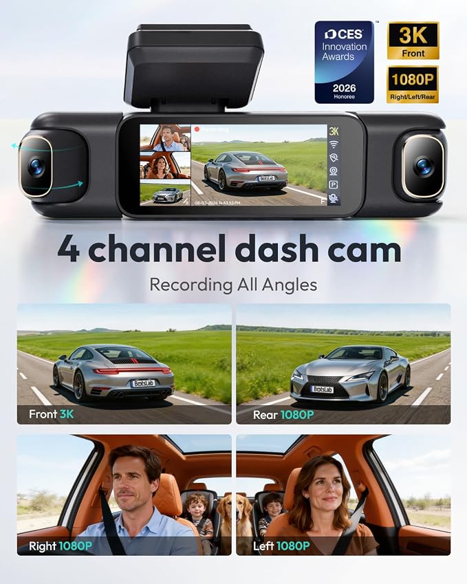3K 4 Channel Dash Cam, 360° All-Around View, Front/Rear/Inside Car Cameras with 3.18" Touch Screen, Dash Camera 24/7 Parking Mode, Built-in GPS, 5.8GHz WiFi, Voice Control, 128GB Card Included
