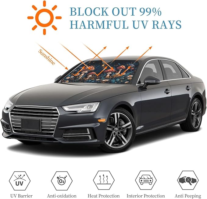 Windshield Sun Shade Mushroom Forest Vintage Moon Car Front Window Sunshade Cover for Truck SUV Blocks UV Rays Automotive Visor Interior Protector 55 x 30 inch