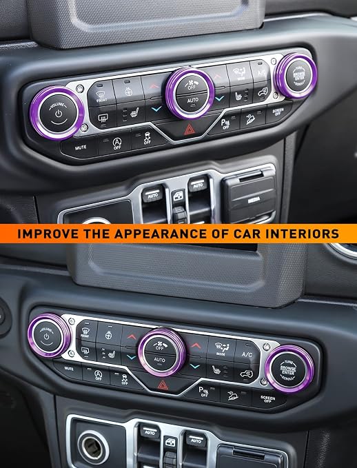 Climate Control Panel Knob Trim Kit & Light Control Switch Cover, Air Conditioner Knob Aluminum Alloy Ring for 2018-2024 Jeep Wrangler JL JLU & Gladiator JT, Interior Accessories, Purple