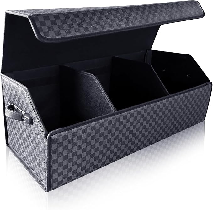 Car Trunk Organizer for SUV and Sedan, Blue-Gray, 29.5 inches | Unique Blue‑Gray Plaid, Extra Large, Leather Storage Box, Magnetic Lid, Collapsible & Adjustable, Water‑Resist & Dust‑Proof
