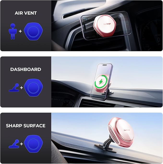 for MagSafe Car Mount Charger, 15W Fast Charging Magnetic Wireless Car Charger Phone Holder Mount Fits iPhone 15 Pro Max Plus 14 13 12 Mini MagSafe Case - Pink
