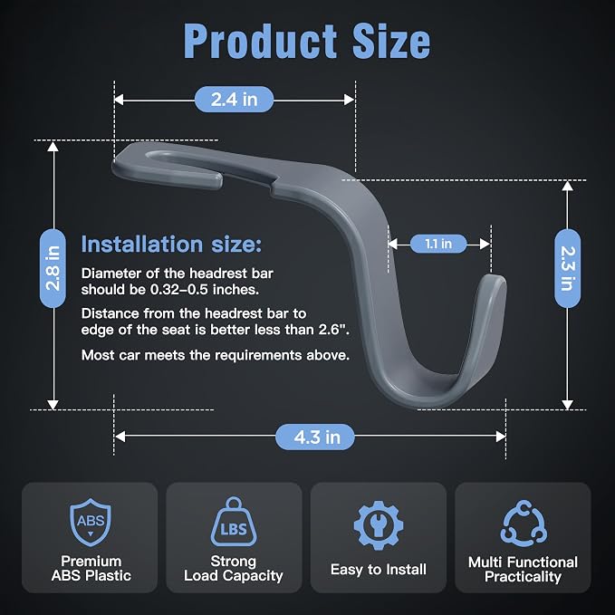 Car Seat Headrest Hook 4 Pack Hanger Universal Vehicle Car Storage Organizer for Handbag Purse Coat S Type Grey