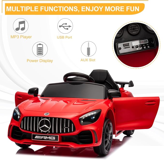 12V Ride on Car, Licensed Mercedes Benz AMG GTR Battery Powered Electric Vehicle, w/Parent Remote, Wider Seat, LED Lights, Openable Doors, MP3 Player, Smooth Start, 3 Speeds - Red