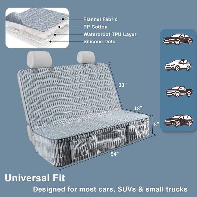 Dog Car Seat Cover for Back Seat, Soft Plush Waterproof Pet Protector with Non-Slip Bottom, Full Coverage Bench Cover Against Hair, Dirt and Scratches for Cars SUVs and Trucks (Grey, Back)