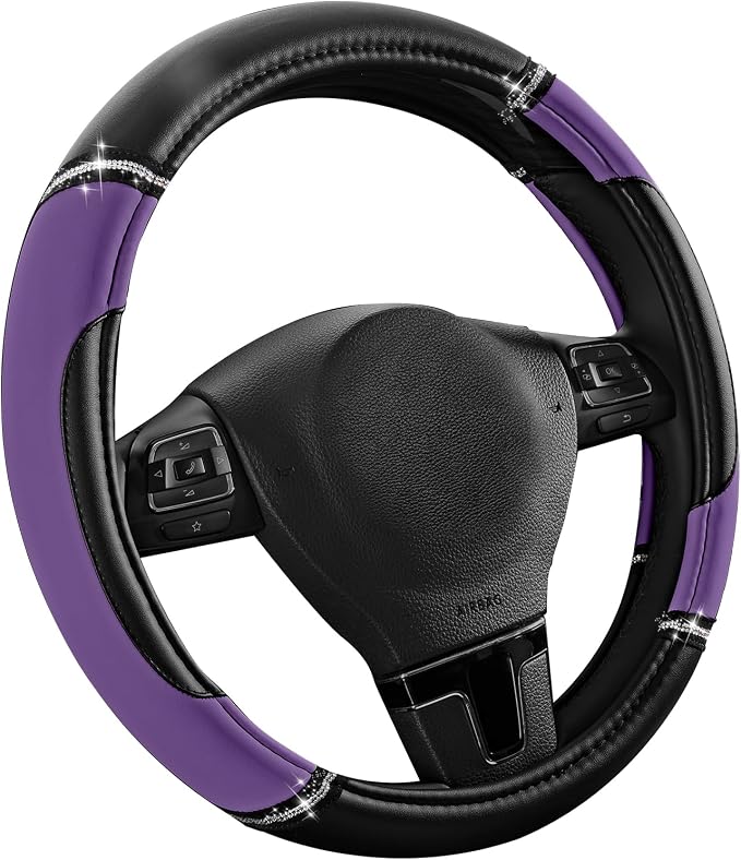 Leather Steering Wheel Cover - Made with PVC Leather - Anti-Slip, Universal Fit 14 1/2 inches to 15 1/2 inches - Purple