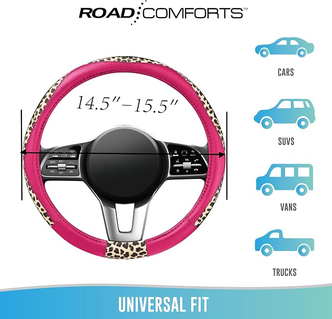 Steering Wheel Cover - Made with PVC Leather and Leopard Fabric - Universal 14 1/2 inches to 15 inches for Most Automotive Steering Wheel - Cheetah Print -Hot Pink