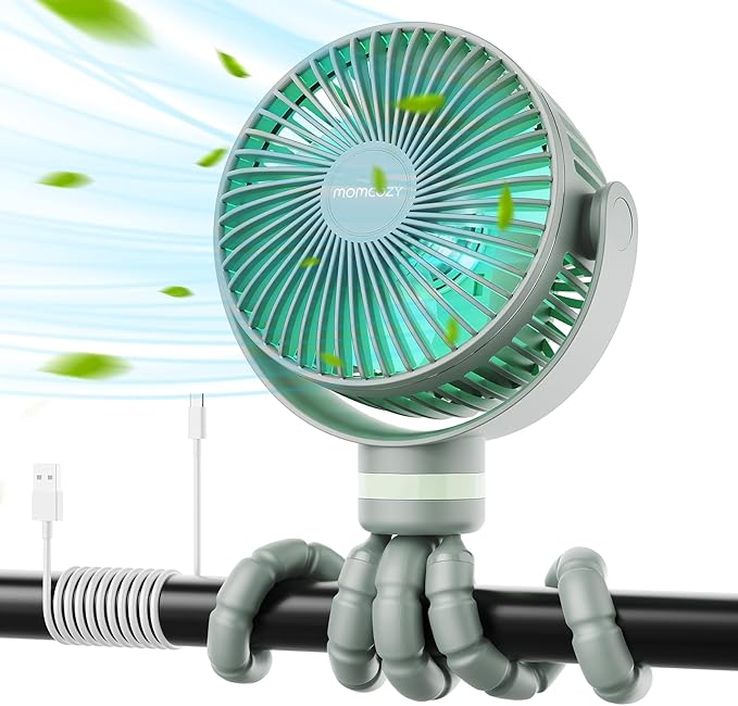 8000mAh Portable Stroller Fan, 27H Ultra-long Battery Life Detachable 4 Speed 360°Rotate LED Night Light with 2 Modes, USB Rechargeable Handheld Cooling Fan for Travel/Car Seat/Bedroom