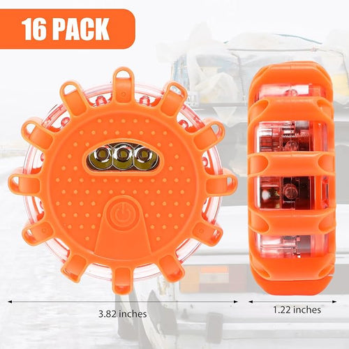 16 Pack LED Road Emergency Roadside Lights Flashing Safety Warning Kit Beacon Magnet Hook Vehicle Boat Truck Disc Magnetic Flash Cars Security Driveway Automotive Strobe