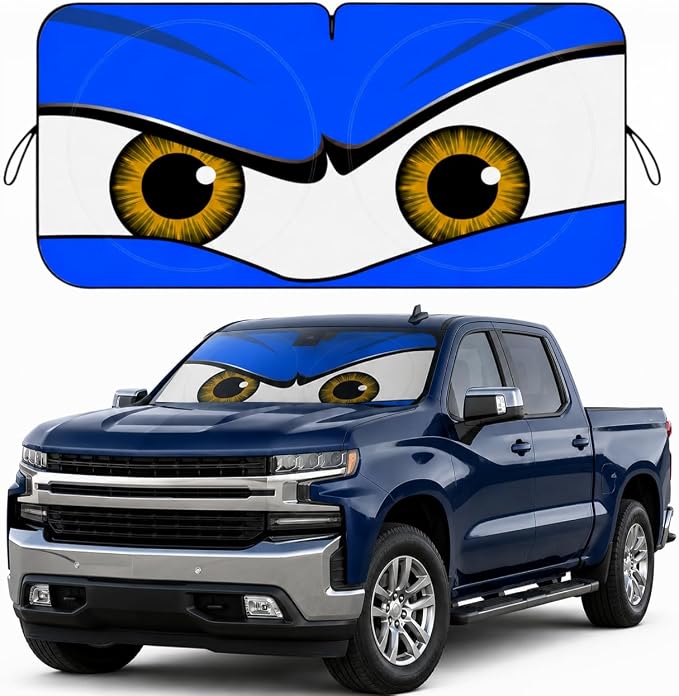 Car Windshield Sun Shade, Universal Fit Full-Size SUV Pickup, Monster Blue | 63 x 33.86" Large Foldable Windshield Cover, Foldable Front Window Sunshade, UV Heat Blocker, Cute Eyes Series