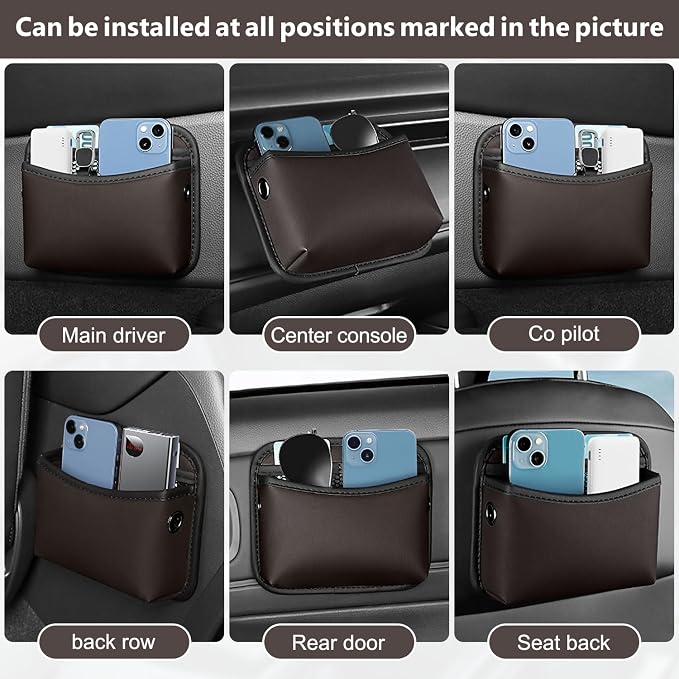 Car Seat Side Storage Pocket, Small Car Seat Organizers PU Leather Car Console Organizer Pocket Multifunctional Console Side Organizer Bag for Phone, Keys, Sunglass, Wallet (1Pack, Brown)