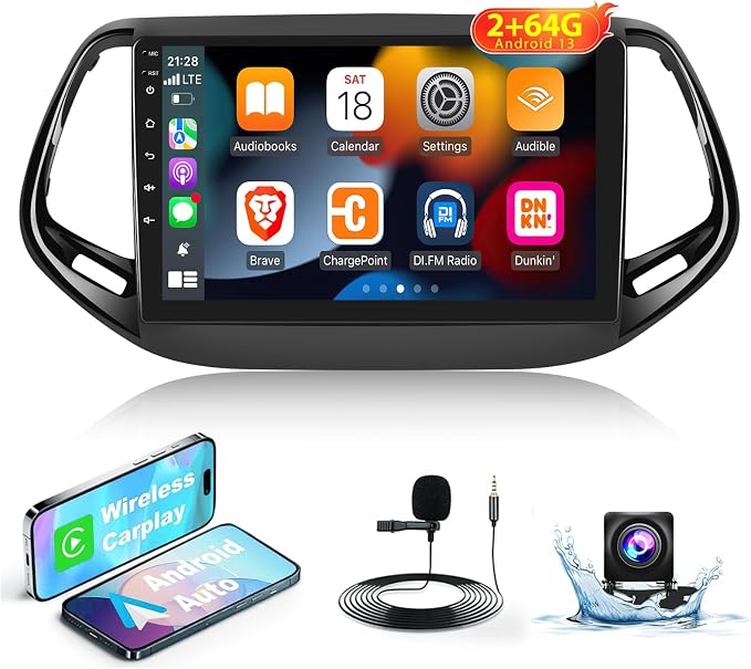 [2G+64G] Car Radio for Jeep Compass 2017-2020, 10 inch Touch Screen Android 13 Stereo, Carplay/Android Auto/EQ Audio/SWC/Bluetooth +AHD Backup Camera