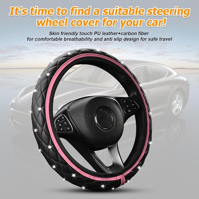 Bling Car Steering Wheel Cover, Non-Slip Elastic Stretch Leather Auto Steering Wheel Protector, Sparkling Diamond Vehicle Decor Accessories for Women Girls, Universal for Vehicles (Pink)