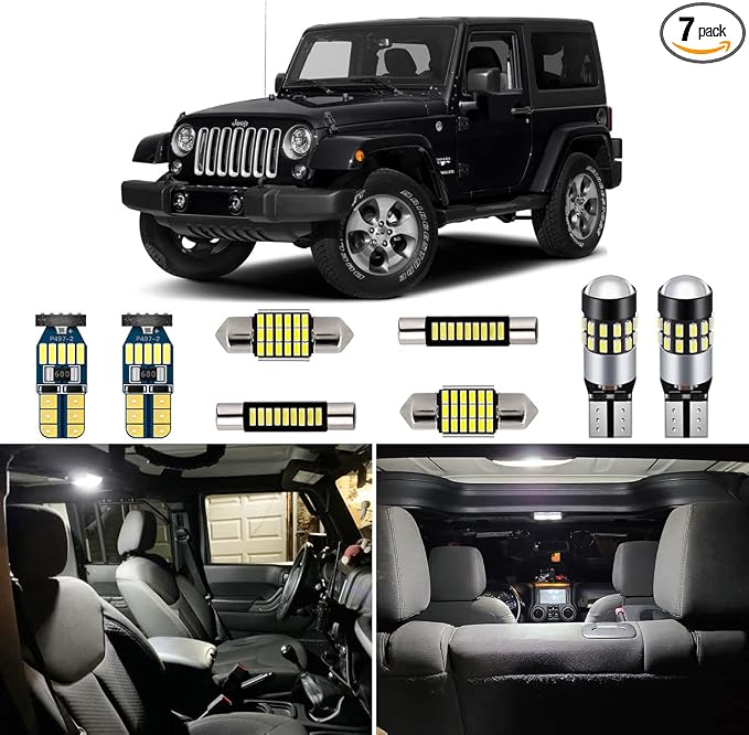7 Piece CANBUS LED Interior Light Kit for Jeep Wrangler JK 2-Door 2007 2008 2009 2010 2011 2012 2013 2014 2015 2016 2017 2018 Super Bright 6000K White LED Bulbs Package + Install Tool