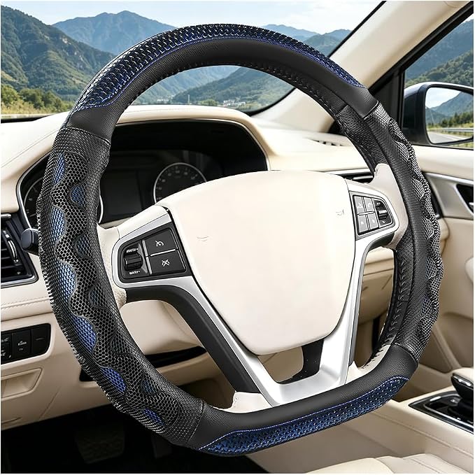 D-Shaped Car Steering Wheel Cover, 14.5-15" Anti-Slip Steering Wheel Protector with 3D Honeycomb Massage Grip, Comfortable Sporty Auto Interior Decor Accessories, Universal Fit (Black/Blue)