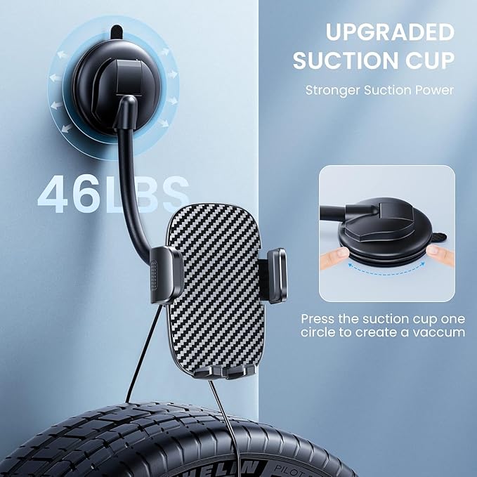Car Phone Holder - Flexible Gooseneck Long Arm Phone Mount for Windshield with Washable Strong Suction Cup for All iPhone Android Smartphone
