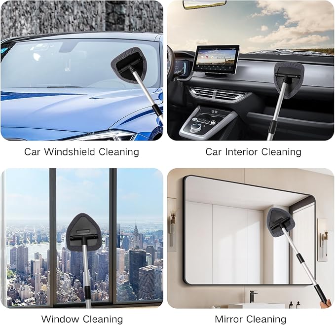 10pcs Windshield Cleaning Tool Inside Car Window Cleaner Wash Kit with 4 Reusable Microfiber Pads 1 Spray Bottle and Extendable Handle Interior Auto Glass Wiper Kit, Blue&Gray