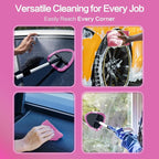 Windshield Cleaner Tool 22.5" L - Car Interior&Exterior Window Cleaning Kit with Extendable Handle&4 Microfiber Pads and Thick Large Wash Sponge, Auto Glass Wiper Brush Kit for Cars Home (7pcs Pink)