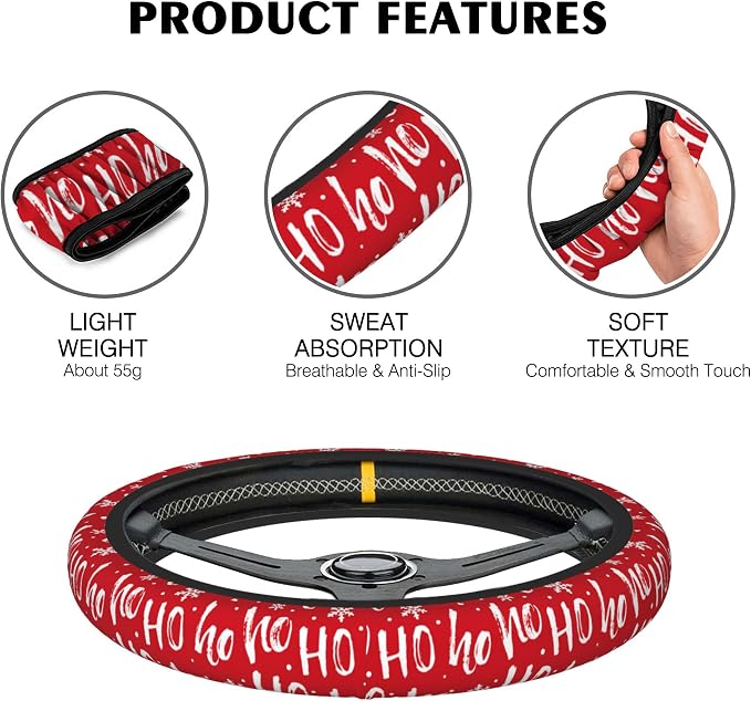 Christmas Ho Ho Ho Car Steering Wheel Cover, Non-Slip Absorbing Sweat Car Wheel Cover Accessories for Men Women,Universal 15" Fit Auto SUV Vans Trucks