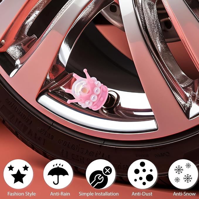 4PCS Crown Bling Tire Stem Valve Caps, Crystal Diamond Tire Air Cap Set Universal Copper Core Stem Covers for Cars, SUV, Trucks, Bikes, Motorcycles, Bicycles (Pink & White)