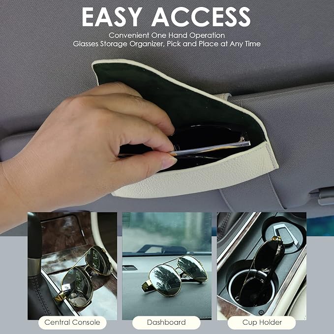 Magnetic Sunglass Holder for Car Visor, Leather Car Glasses Holder | Beige Visor Accessories Eyeglasses Holder Glasses Storage Case
