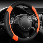 Leather Steering Wheel Cover and Waterproof Car Floor Mats,Microfiber Universal Car Combo Fit for 95% Sedan SUV Van Truck,14.5-15inch Sporty Anti-Slip Safety Comfortable Design, Black＆Orange
