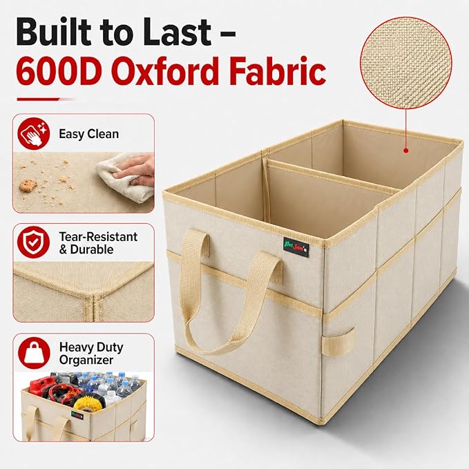 PAT SAM'S Car Trunk Organizer for SUV, Foldable Collapsible Storage Organizer with Dividers, Non-Slip Waterproof 600D Oxford, Backseat & Trunk Storage for Groceries, Tools, Toys (Beige)