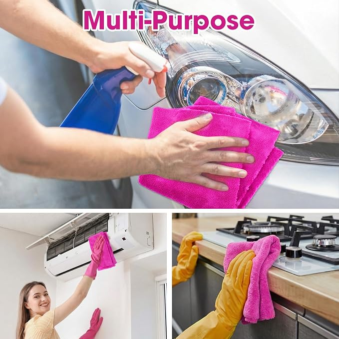 30 Pcs 16 x 16 Inch Edgeless Microfiber Plush Towels for Cars Detailing Drying Wash Polishing Absorbent Cleaning Cloths, 500 GSM (Fuchsia)