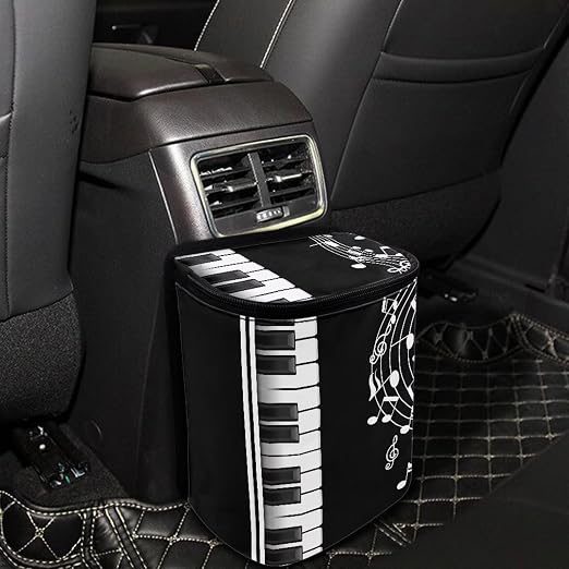 Music Note Piano Key Print Car Trash Can with Lid, Leak Proof Auto Trash Bag Hanging Vehicle Garbage Can Multipurpose Storage Container for Back Seat Road Trip