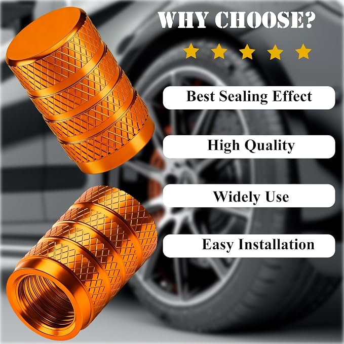 8PCS Tire Valve Stem Caps, Dust Proof, Anodized Aluminum Universal Tire Valve Stem Covers for Cars, SUV, Trucks, Bikes, Motorcycles, Bicycles(Orange)