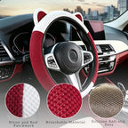 Steering Wheel Cover with Ears Keychain Fit 14-15 inch White Red | Cute Ears Car Steering Wheel Covers for Women Girls Elastic Breathable Steering Wheel Protector Accessories Universal Size
