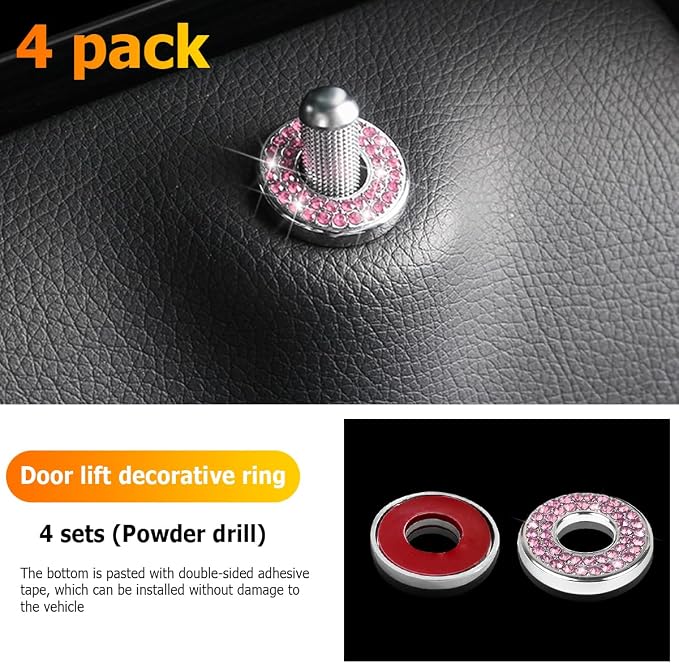 4 Pcs Bling Car Inner Door Lock Covers, Crystal Pull Rod Bolt Stickers, Sparkly Rhinestones Auto Door Bolt Decorations, Vehicle Lock Pin Cap Decors for C Class C200L GLC260 C260L (Pink)