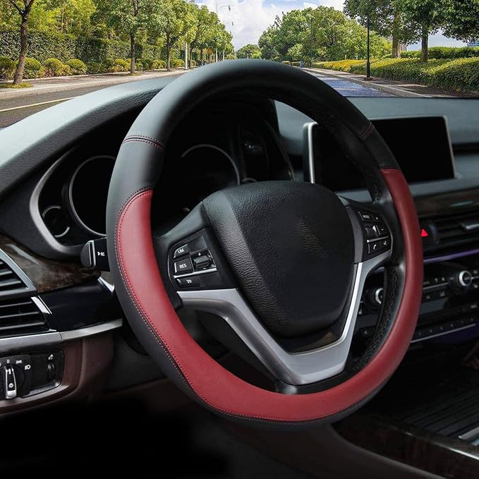 Microfiber Leather Steering Wheel Cover Large-Size for F150 F250 F350 Ram 4Runner Tacoma Tundra Range Rover Model S X with 15 1/2 inches-16 inches Outer Diameter (Wine Red)
