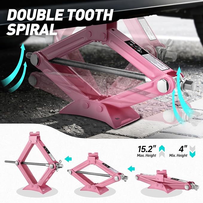 Scissor Jack for Car - 1.5 Ton (3,306 lbs) Car Jack Kit with Labor-Saving Ratchet Wrench for Cars, SUV, Sedans, 4'' - 15.2'' Lifting Range, Pink, TOOLS-00282-PK