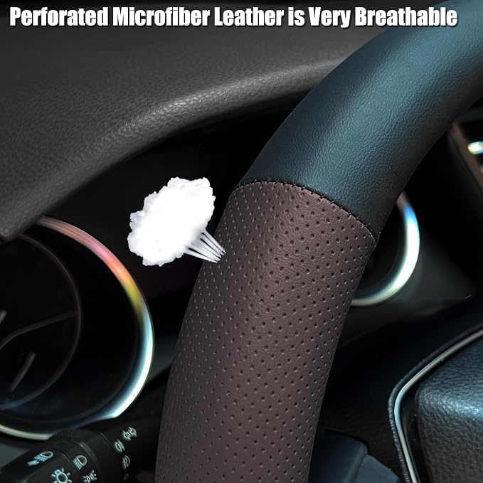 Steering Wheel Cover Standard Size 14.5-15 inch, Non-Slip Car Wheel Cover Protector, Non-Folding Packaging, Microfiber Leather, Black and Chocolate Brown
