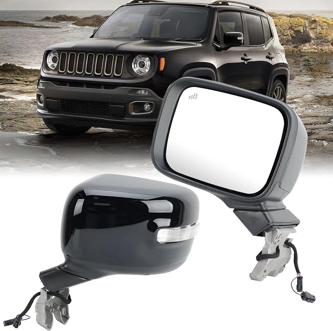 Driver Side Mirror Compatible with Jeep Renegade 2015-2023 Power Glass Heated with Turn Signal Indicator Blind Spot Detection Manual Folding Bright Black Left Door Mirrors (7＋1 Pins)