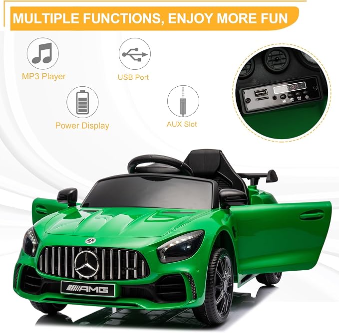 12V Ride on Car, Licensed Mercedes Benz AMG GTR Battery Powered Electric Vehicle, w/Parent Remote, Wider Seat, LED Lights, Openable Doors, MP3 Player, Smooth Start, 3 Speeds - Green