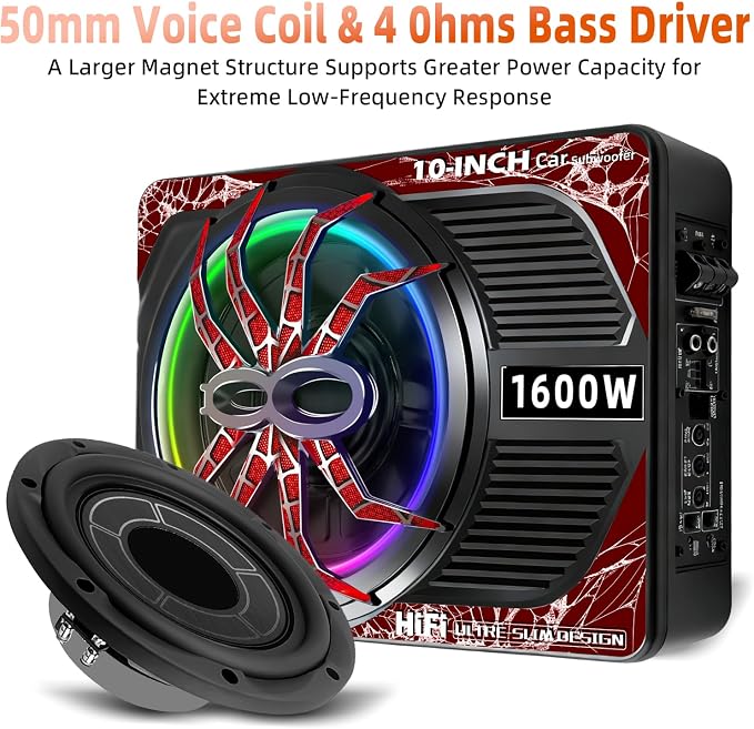 1600W 10" Slim Under Seat Subwoofers with Built-in Amp | LED Ambient Light, Deep Bass, Individual Controls (LPF/Gain/Bass Boost), High Output Distortion-Free Audio, Suitable for All Vehicle Models (b)