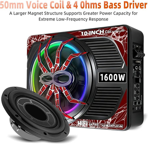 1600W 10" Slim Under Seat Subwoofers with Built-in Amp | LED Ambient Light, Deep Bass, Individual Controls (LPF/Gain/Bass Boost), High Output Distortion-Free Audio, Suitable for All Vehicle Models (b)