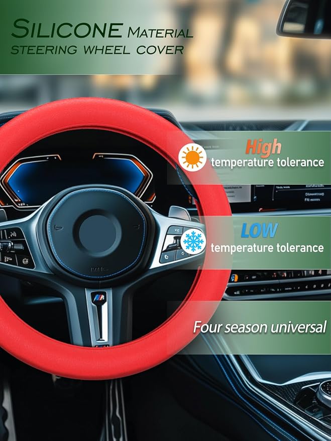 Car Steering Wheel Cover, Non-Slip Silicone Material, Multiple Color Choices, Universal Auto Parts Steering Wheel Cover, Suitable for Most Cars (Red)
