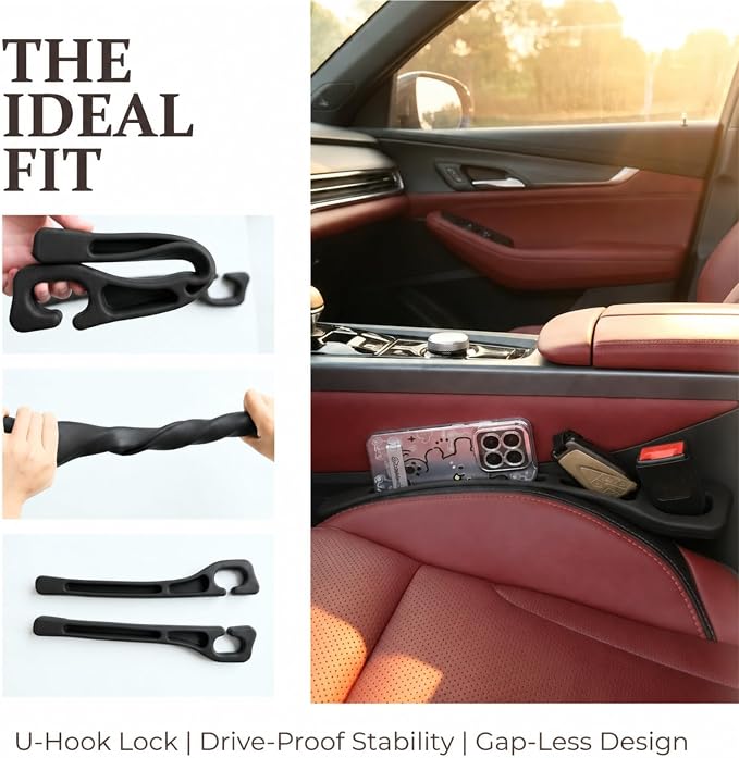 Car Seat Gap Filler 2-Pack, Universal Anti-Drop Organizer Strip with Storage Slot, Car Organizer Between Seat & Console for Cars, SUVs, Trucks (Black)