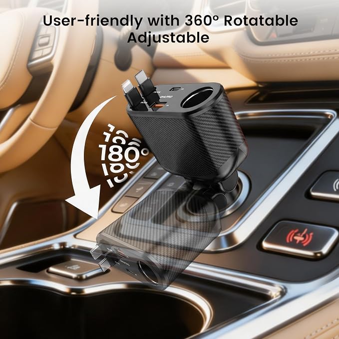 Retractable Car Charger Cigarette Lighter Adapter, 168W 5 in 1 Fast Phone Charging Built-in Replaceable Fuse, Socket Splitter with USB C and USB i Cord, Fit for Phone iPad Galaxy GPS, Black
