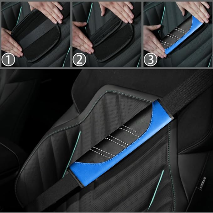 10 Pcs Car Floor Mats Full Set & Sport Leather Steering Wheel Cover 14.5-15 inch, Center Console Cover, Seat Belt Cushion, Cup Holder Coaster, Universal Automobile Interior Sets (Blue)