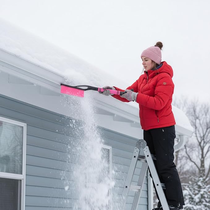 24'' Snow Brush and Ice Scraper for Car Windshield, 2 in 1 Detachable Snow Scraper with Soft Grip Handle and Additional Handhold, Multi-Functional Removal Tool for Car, Truck, SUV(Pink)