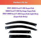 KPY Rain Guards Fit for 1997-2003 Ford F150 SuperCab & 2004 F150 Heritage SuperCab, Out-Channel Window Visors Vent Wind Deflectors 4PC, 1997-1999 Ford F250 SuperCab Light Duty (Extended Cab Only)